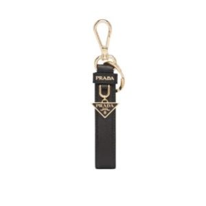 Prada Saffiano Leather Triangle Logo Keyring Black Gold