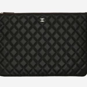 Chanel Large Classic Pouch Grained Calfskin & Silver Black